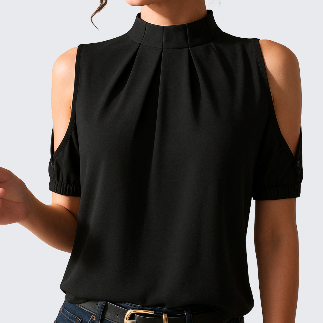 Black Pleated Blouse With Split Sleeves