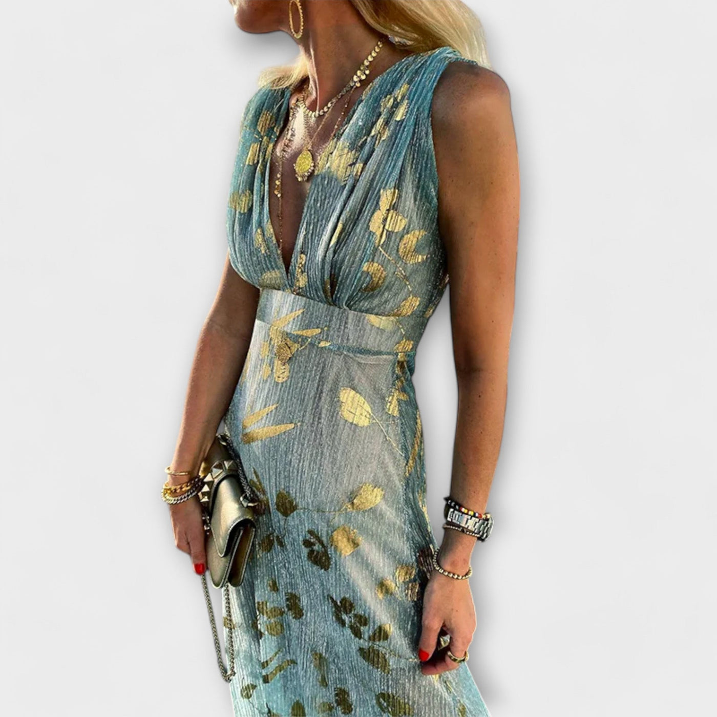 Flowing dress with V-neck and sequin details
